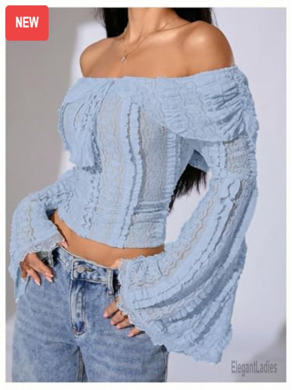 Off Shoulder Lace Tank Top Bell Sleeve Crop Top Going Out Y2K Summer Top - Picture 4 of 5